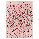 Albecq Rug product image - a patterned modern rug with a colourful palette of reds, oranges and blues on a pink beige background.