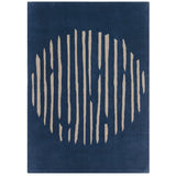 Island Blue Rug is an abstract lines patterned rug in two colours, blue and cream. The abstract lines pattern creates a circle shaped design within this rectangular wool rug.