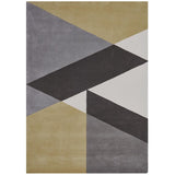 Sark Coupee Taupe Rug is a modern colour block rug with a bold geometric pattern in cream, grey, brown and gold. Handmade with high quality New Zealand wool. 