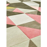 Tielles Rose Rug is a modern geometric rug which features a beautiful mix of pink, green and greys. Detailed close up.