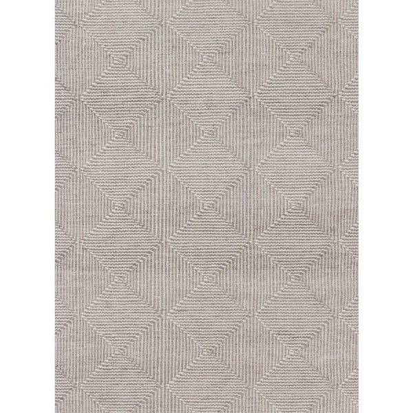 Zala Natural Rug is a recycled rug handwoven from 100% repurposed plastic bottles. The recycled yarns feel just like wool. This beautifully soft textured rug features a diamond weave pattern in natural undyed yarns. Image shows a close up of the weave design.
