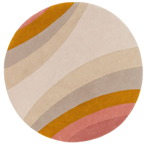 L'Eree Ochre Round Rug is a playful, curved pattern wool rug.