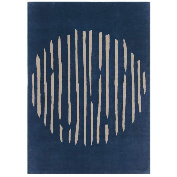 Island Blue Rug is an abstract lines patterned rug in two colours, blue and cream. The abstract lines pattern creates a circle shaped design within this rectangular wool rug.