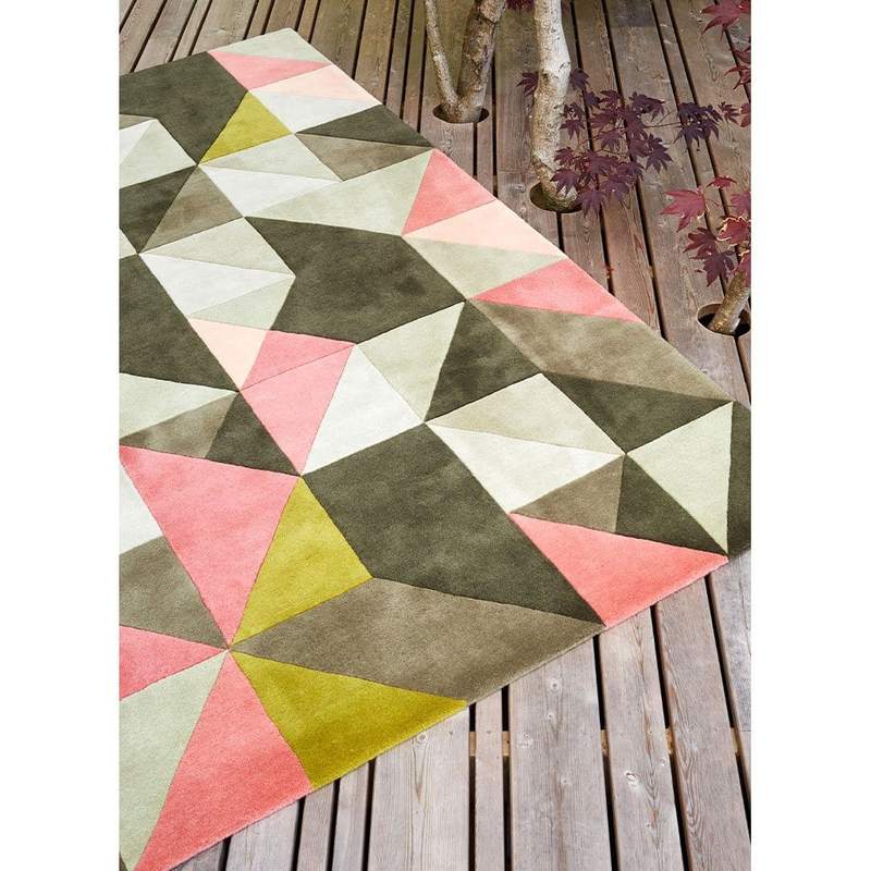 Tielles Rose Rug is a modern geometric rug which features a beautiful mix of pink, green and greys.